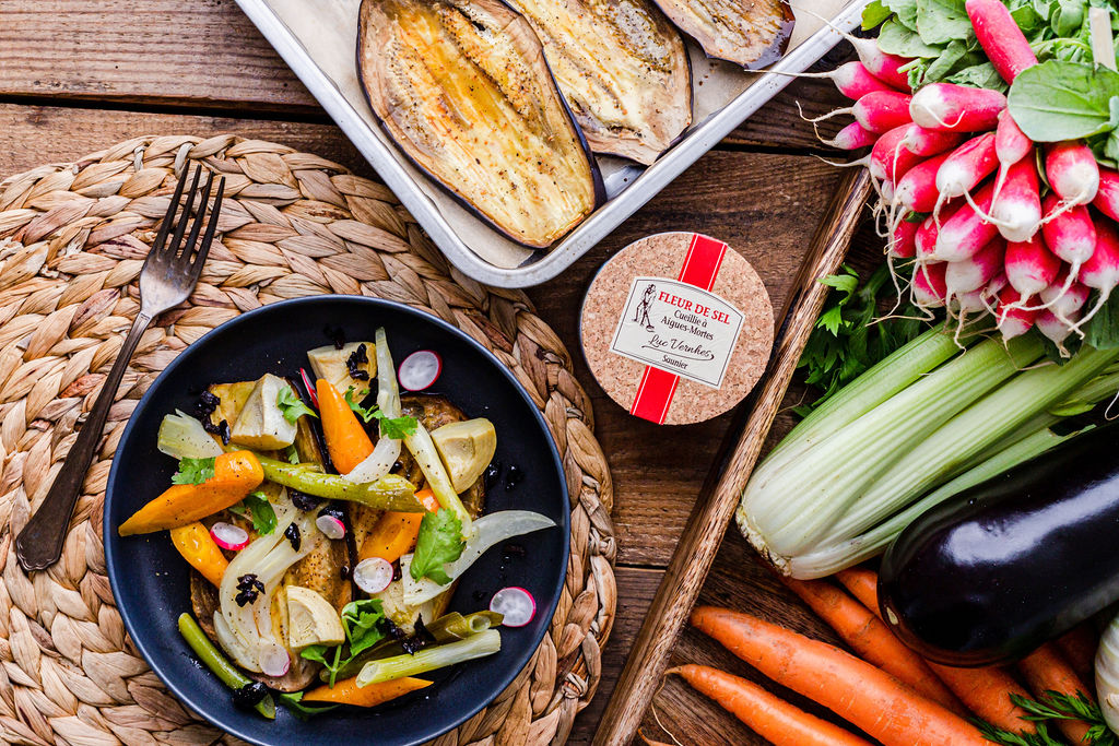 Aubergines confites à l'huile d'olive et Légumes à la Grecque recette